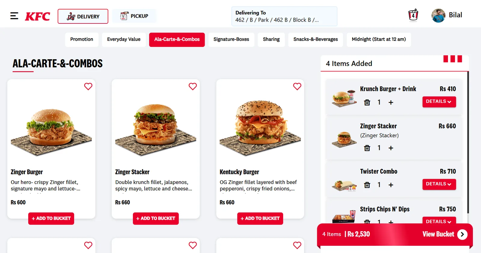 KFC Pakistan ordering website home page